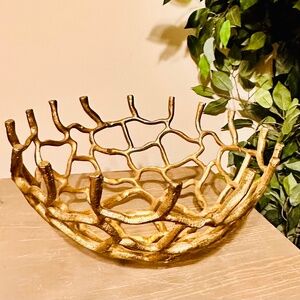 DECORATIVE CORAL REEF GOLD TONE METAL FOOTED CENTERPIECE BOWL 12" W x 6" DEEP